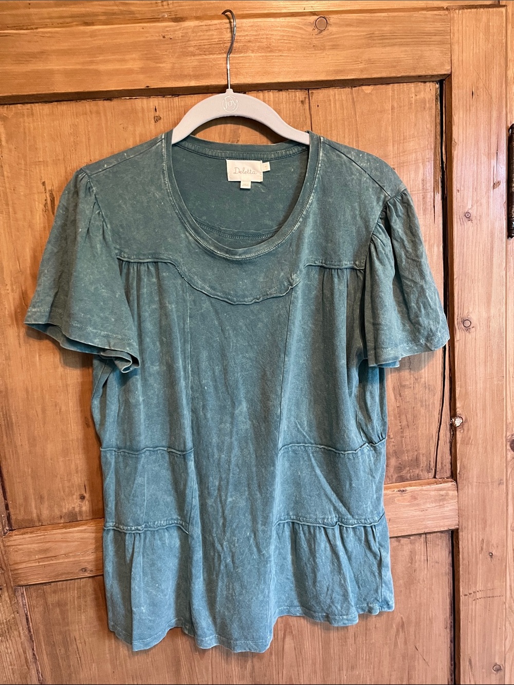Anthropologie Washed Teal Short Sleeve Tee with Flutter Sleeves